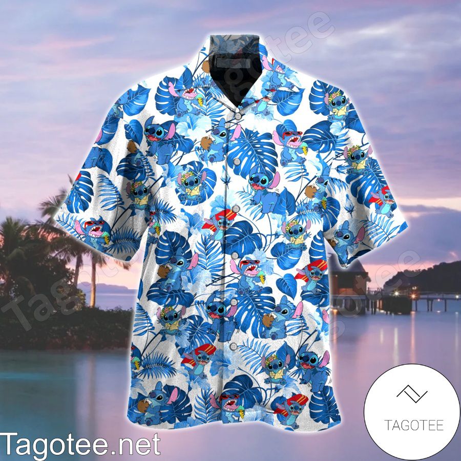 Stitch Blue Monstera Leaf Hawaiian Shirt