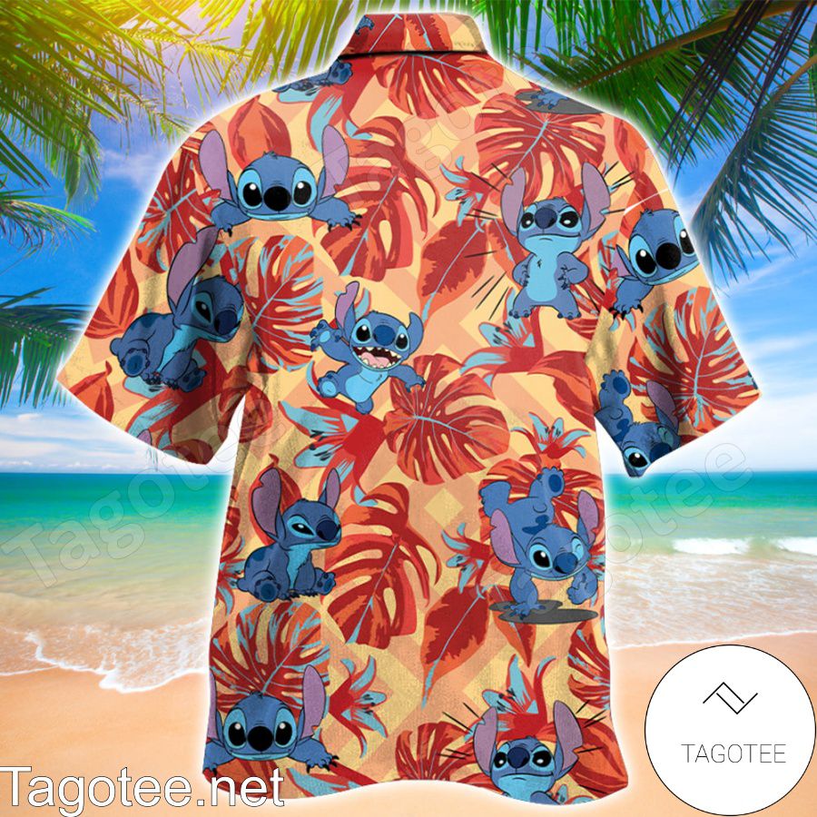 Stitch Red Monstera Leaf Hawaiian Shirt a