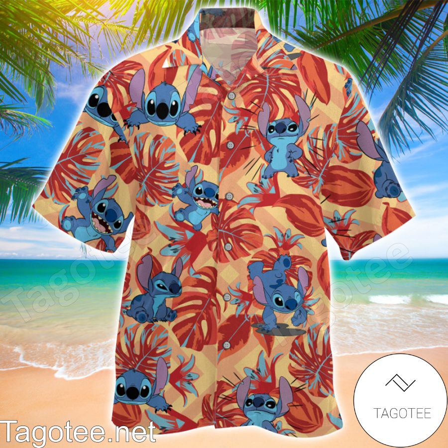 Stitch Red Monstera Leaf Hawaiian Shirt