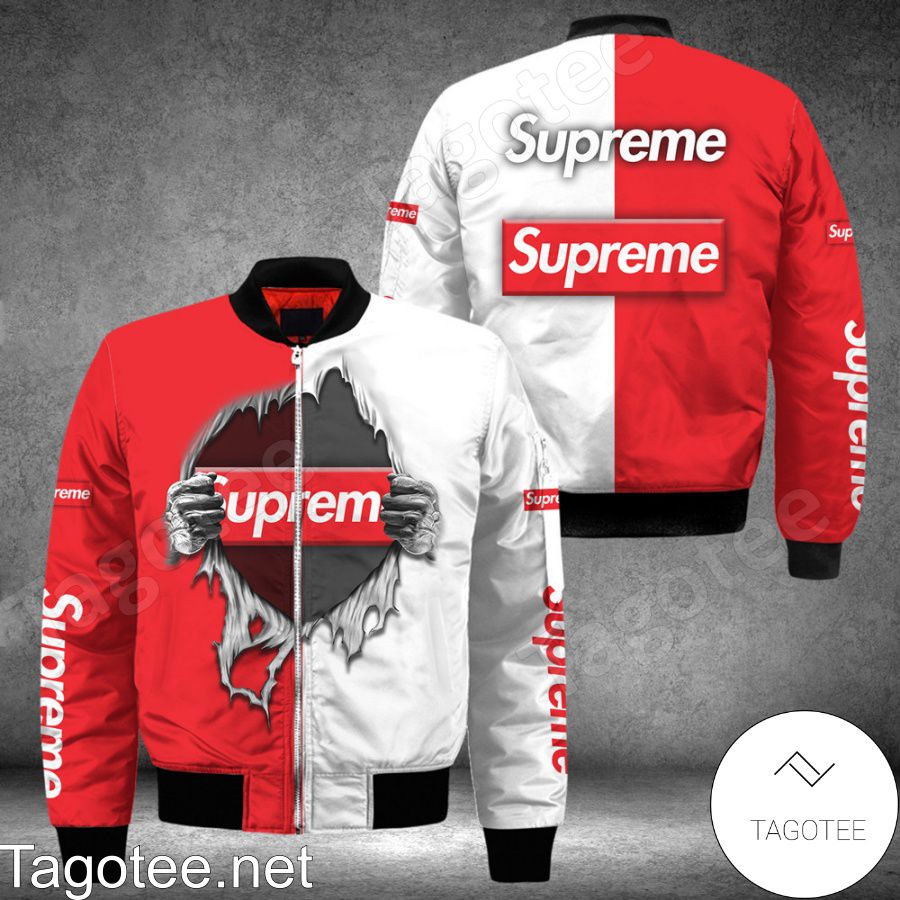 Supreme Hands Ripping Half Red Half White Bomber Jacket