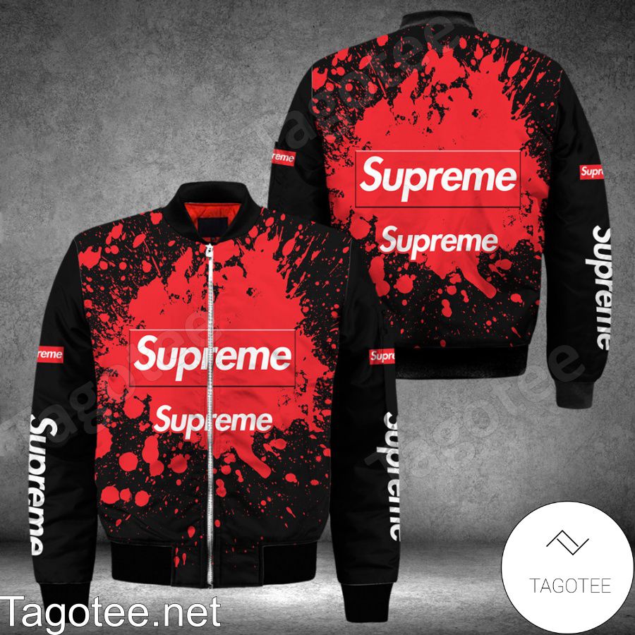 Supreme Logo Center Red Splash Black Bomber Jacket