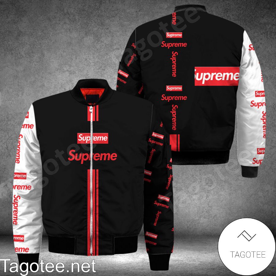 Supreme Luxury Brand Name And Logo Black Mix White Bomber Jacket