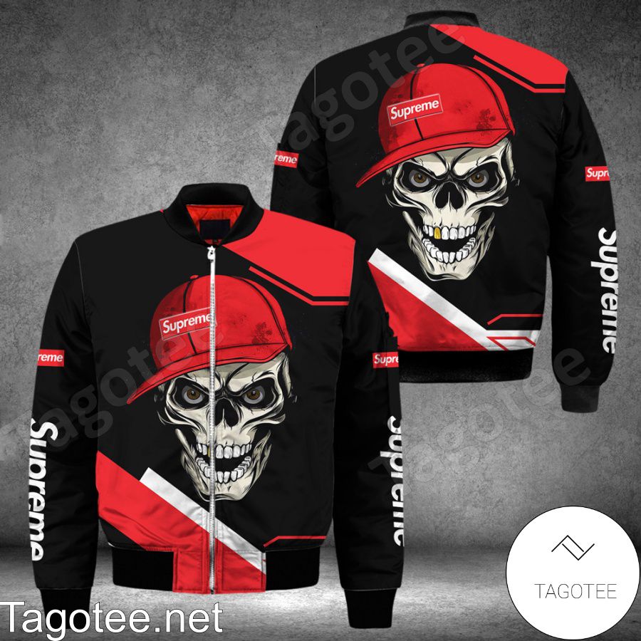 Supreme Skull Wearing Hat Black And Red Bomber Jacket