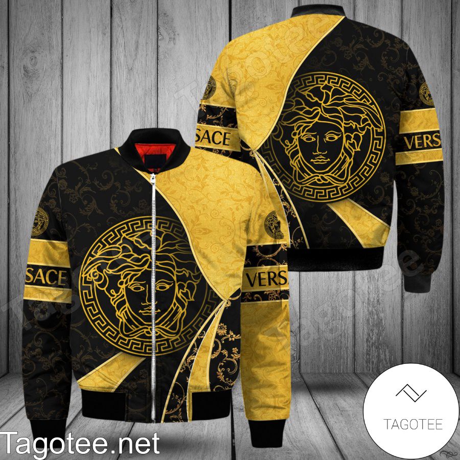 Versace Logo Baroque Print Curves Black And Gold Bomber Jacket