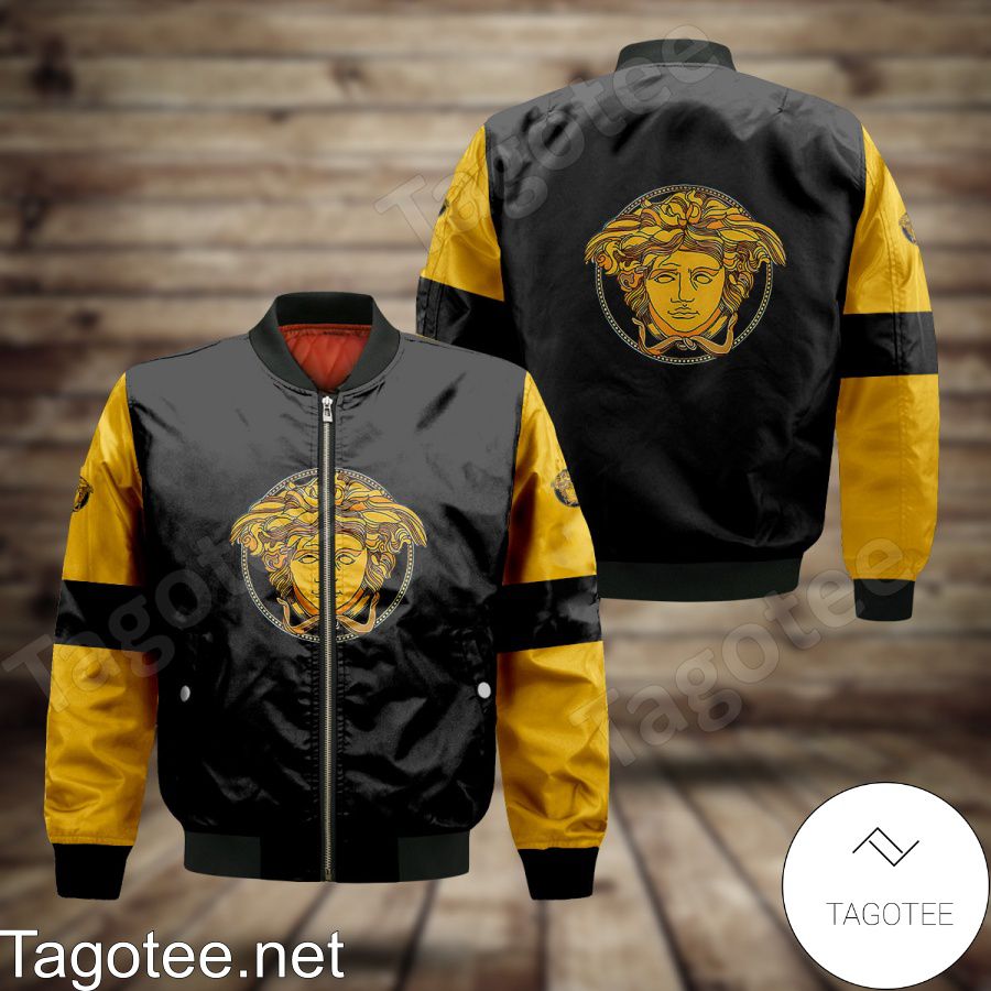 Versace Luxury Brand Black And Yellow Lines Bomber Jacket