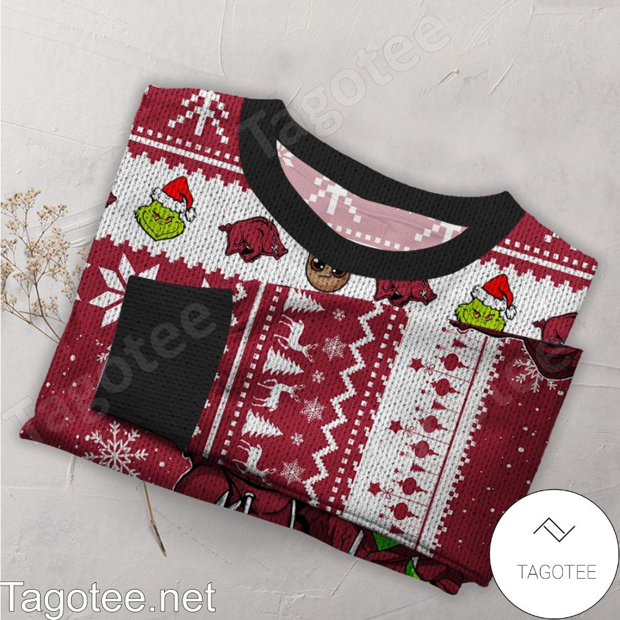 Arkansas Razorbacks Baby Groot And Grinch NCAA Ugly Christmas Sweater a