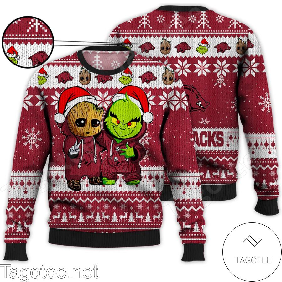 Arkansas Razorbacks Baby Groot And Grinch NCAA Ugly Christmas Sweater