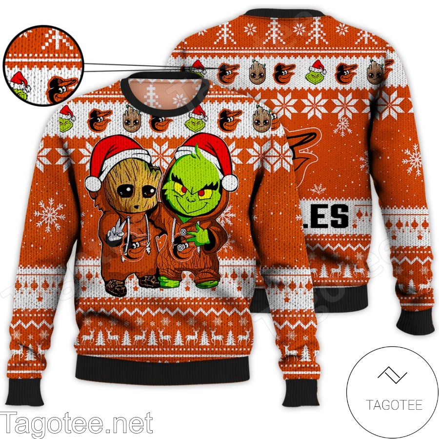 Baltimore Orioles Baby Groot And Grinch MLB Ugly Christmas Sweater