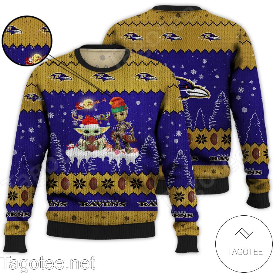 Baltimore Ravens NFL Baby Yoda And Baby Groot Ugly Christmas Sweater