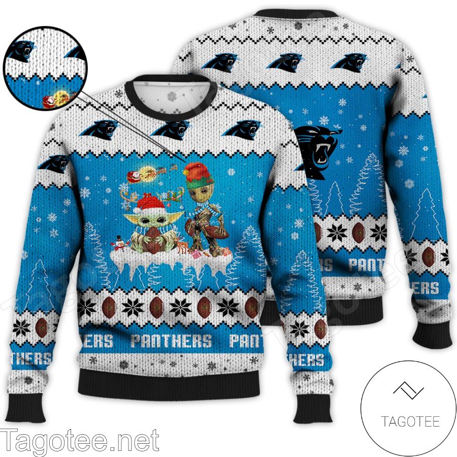 Carolina Panthers NFL Baby Yoda And Baby Groot Ugly Christmas Sweater