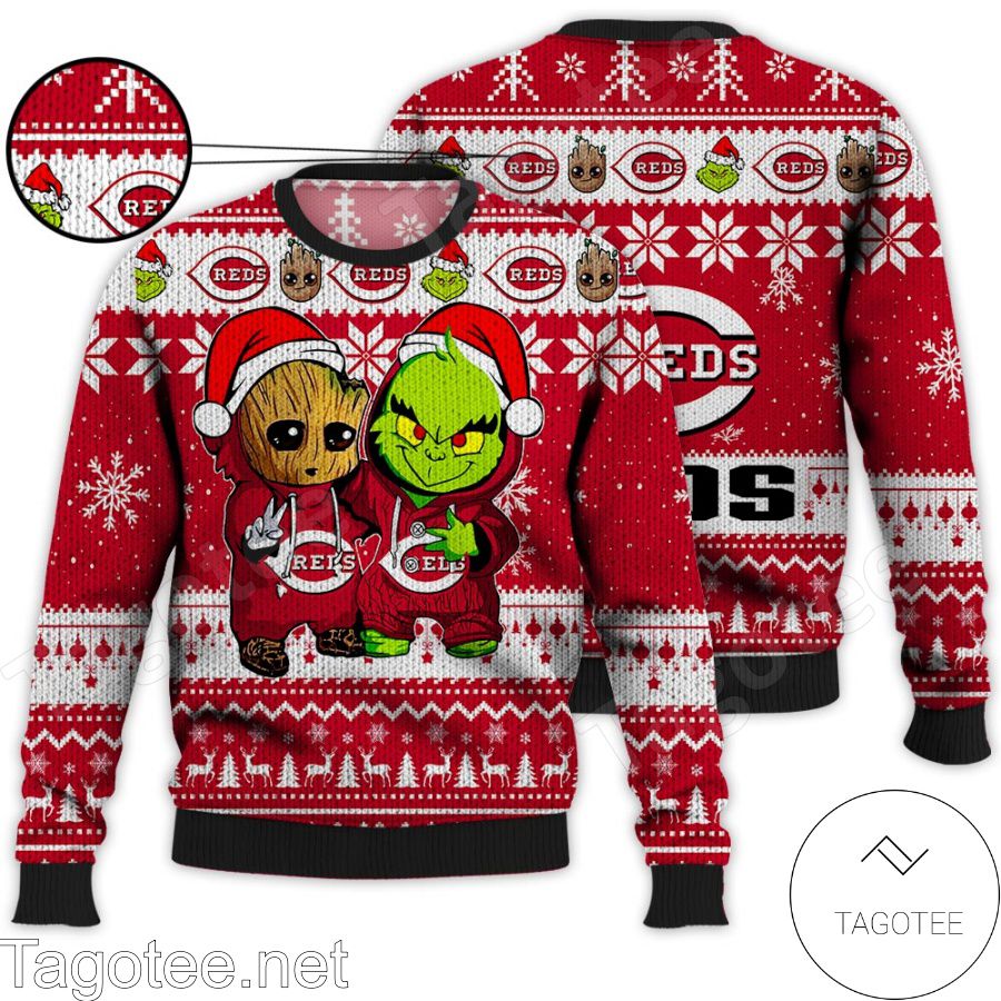 Cincinnati Reds Baby Groot And Grinch MLB Ugly Christmas Sweater