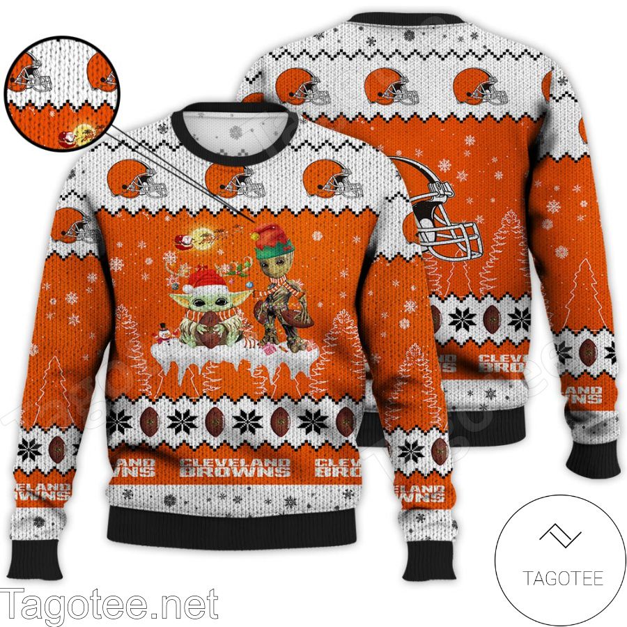 Cleveland Browns NFL Baby Yoda And Baby Groot Ugly Christmas Sweater