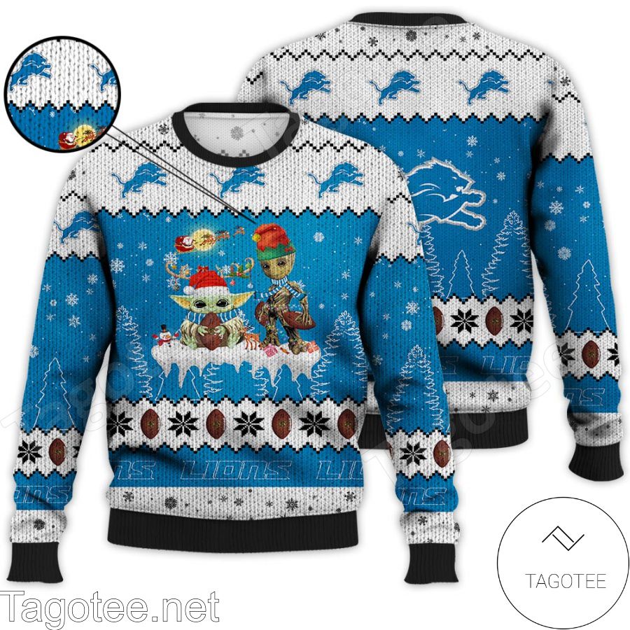 Detroit Lions NFL Baby Yoda And Baby Groot Ugly Christmas Sweater