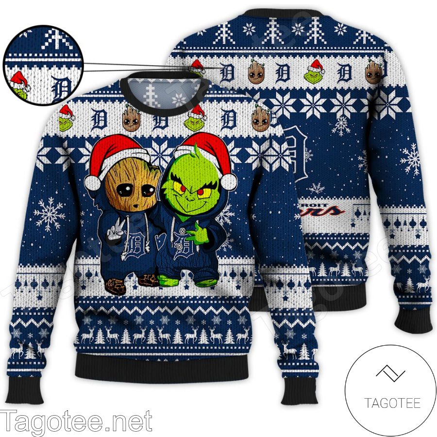 Detroit Tigers Baby Groot And Grinch MLB Ugly Christmas Sweater