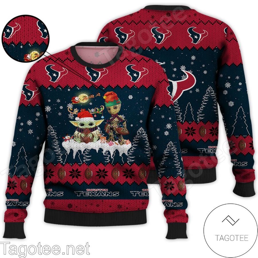 Houston Texans NFL Baby Yoda And Baby Groot Ugly Christmas Sweater