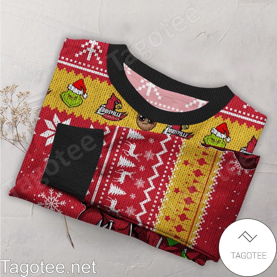 Louisville Cardinals Baby Groot And Grinch NCAA Ugly Christmas Sweater a