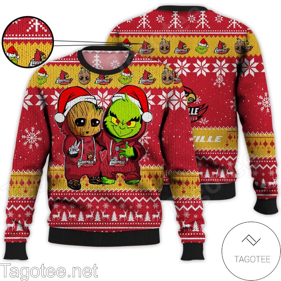 Louisville Cardinals Baby Groot And Grinch NCAA Ugly Christmas Sweater