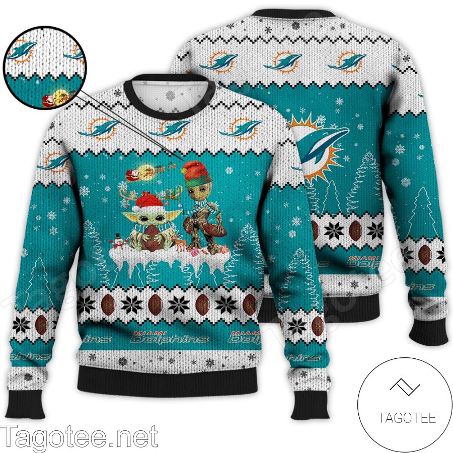 Miami Dolphins NFL Baby Yoda And Baby Groot Ugly Christmas Sweater