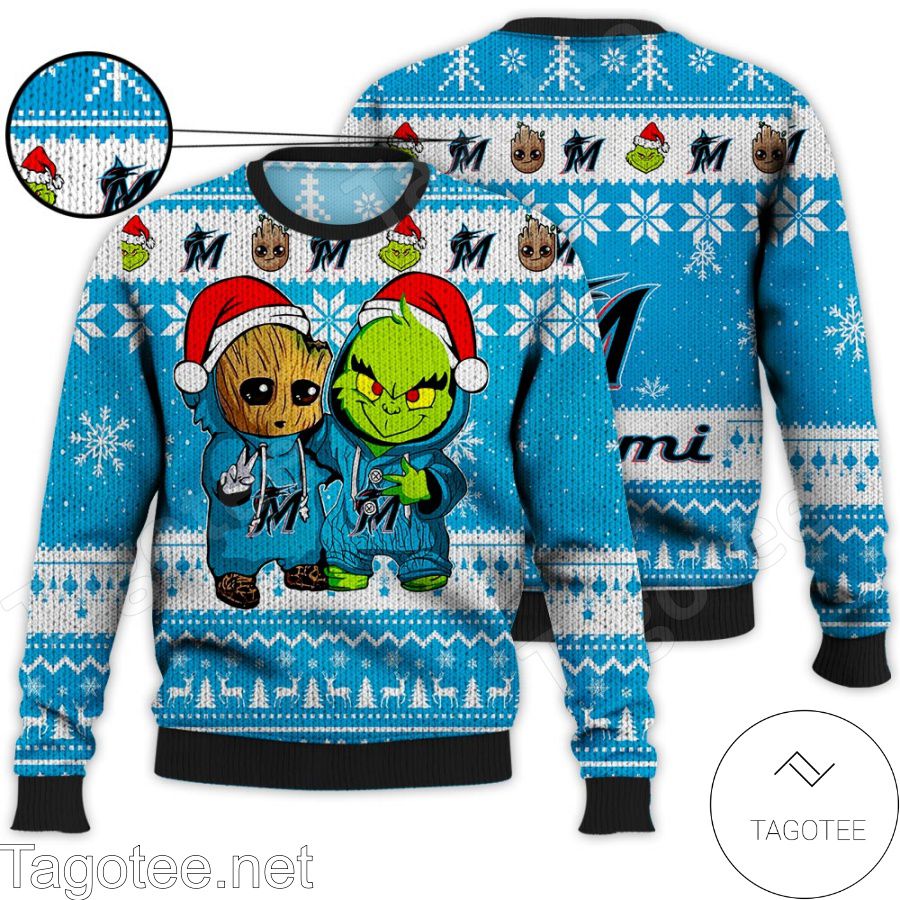 Miami Marlins Baby Groot And Grinch MLB Ugly Christmas Sweater