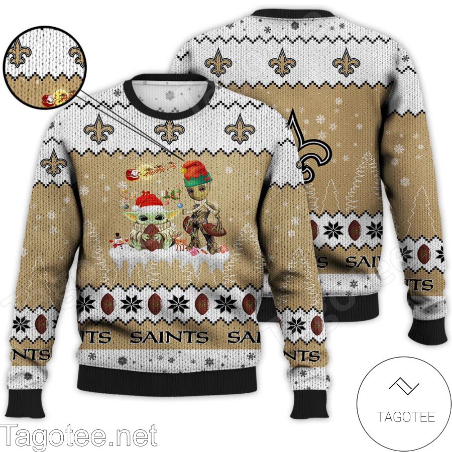 New Orleans Saints NFL Baby Yoda And Baby Groot Ugly Christmas Sweater