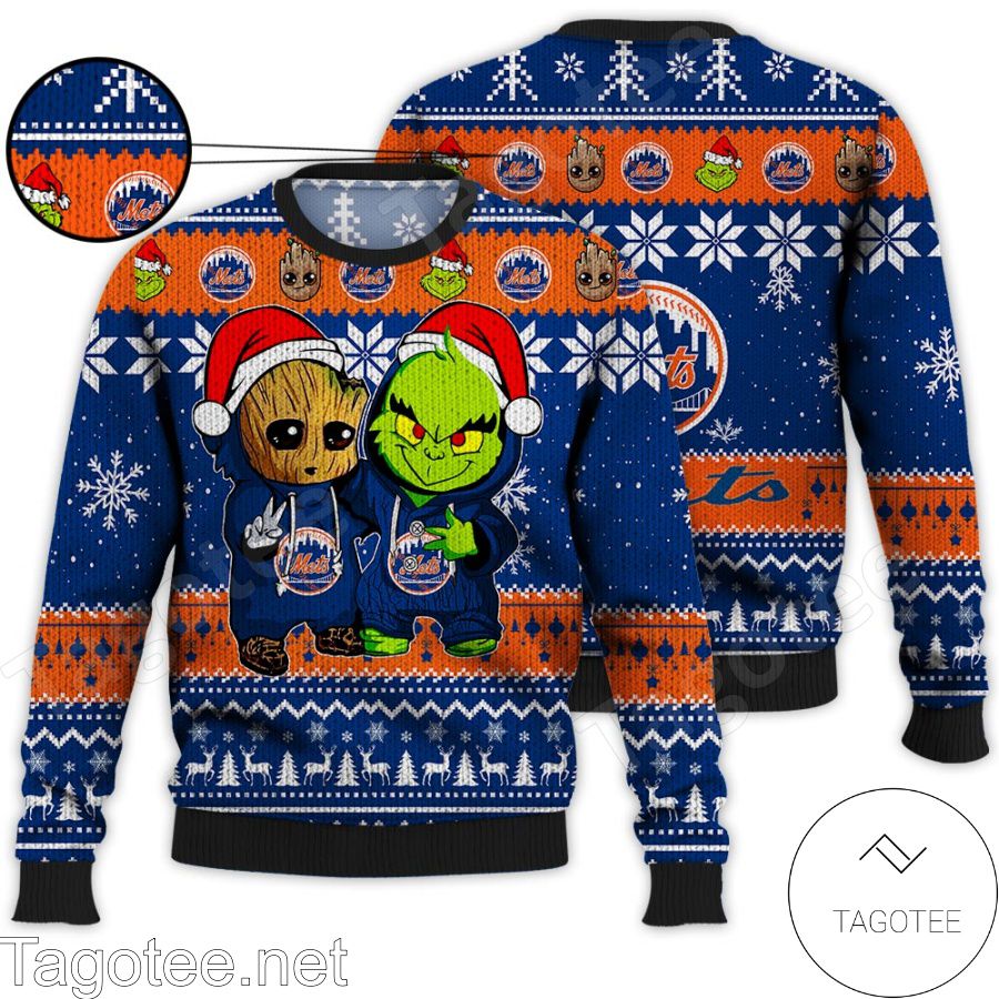 New York Mets Baby Groot And Grinch MLB Ugly Christmas Sweater