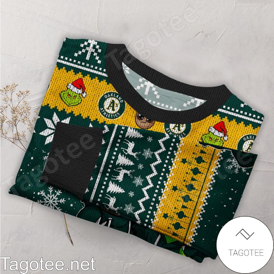 Oakland Athletics Baby Groot And Grinch MLB Ugly Christmas Sweater a