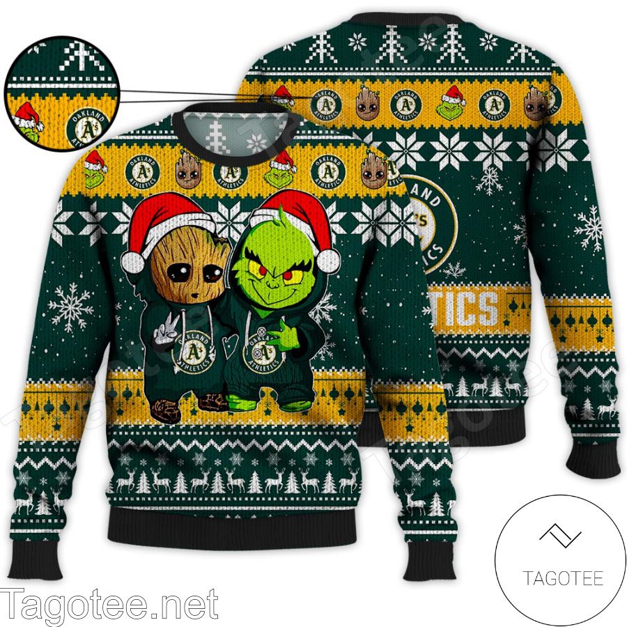 Oakland Athletics Baby Groot And Grinch MLB Ugly Christmas Sweater