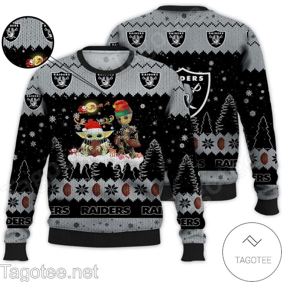 Oakland Raiders NFL Baby Yoda And Baby Groot Ugly Christmas Sweater