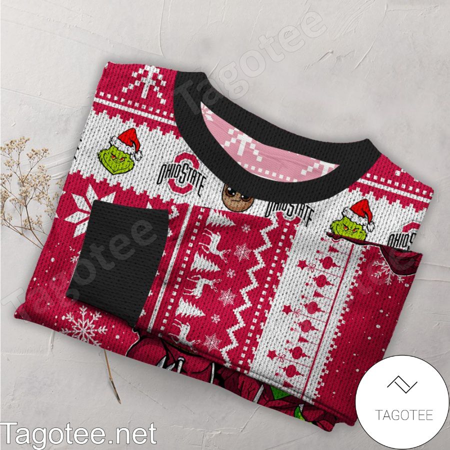 Ohio State Buckeyes Baby Groot And Grinch NCAA Ugly Christmas Sweater a