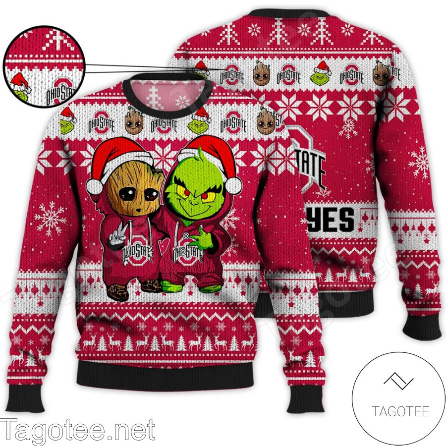 Ohio State Buckeyes Baby Groot And Grinch NCAA Ugly Christmas Sweater