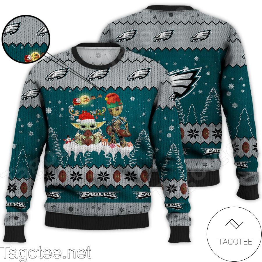 Philadelphia Eagles NFL Baby Yoda And Baby Groot Ugly Christmas Sweater