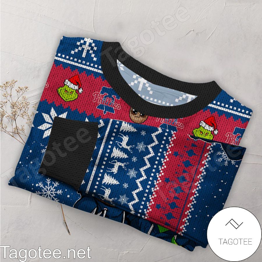 Philadelphia Phillies Baby Groot And Grinch MLB Ugly Christmas Sweater a