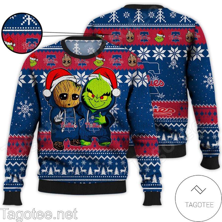 Philadelphia Phillies Baby Groot And Grinch MLB Ugly Christmas Sweater