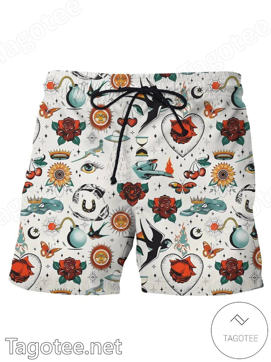 Flash Tattoo Floral Beach Shorts a