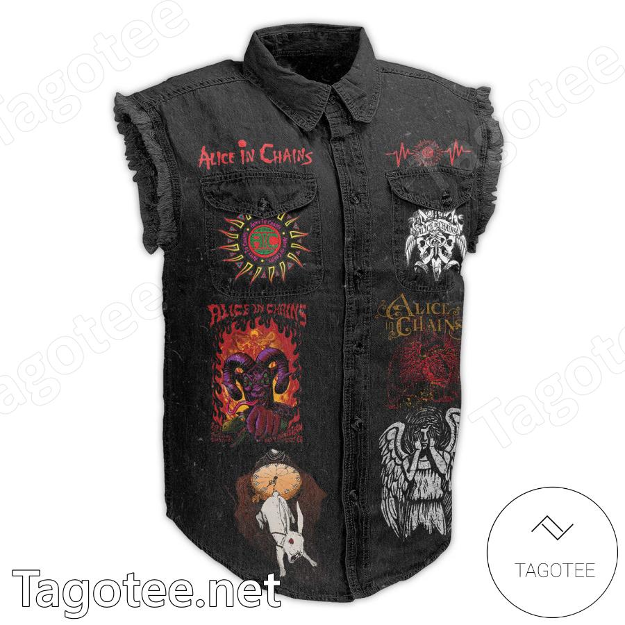 Alice In Chains Skull Devil Hand Sleeveless Denim Jacket a