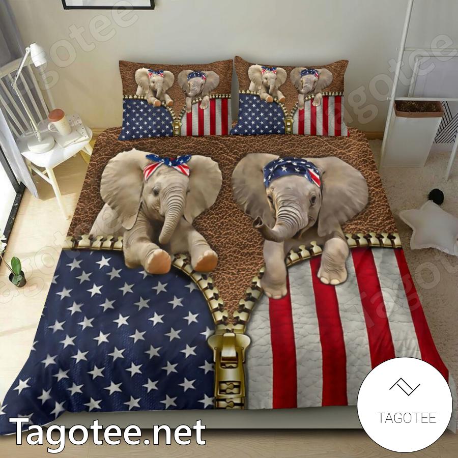 Elephant Couple American Flag Bedding Set a