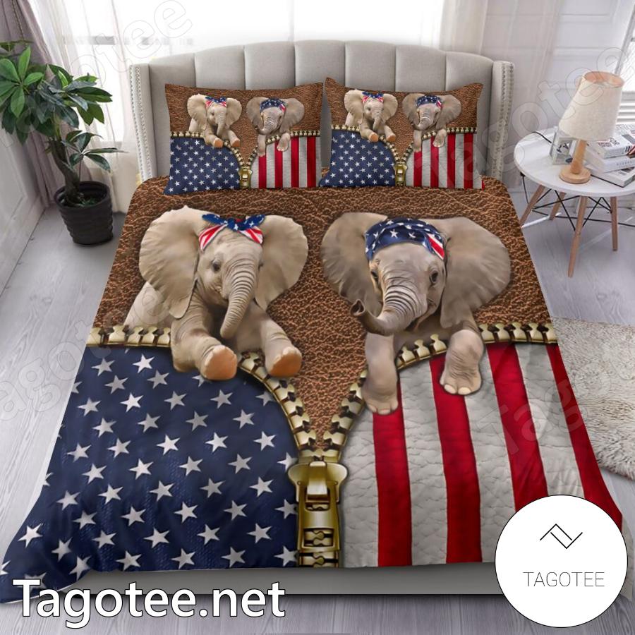 Elephant Couple American Flag Bedding Set