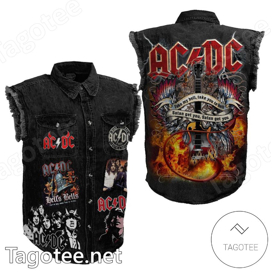 Ac Dc Take My Bell Take You To Hell Satan Get You Sleeveless Denim Jacket