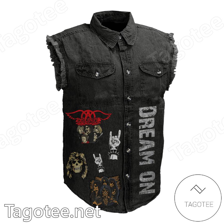 Aerosmith It's Not Goodbye It's Peace Out Dream On Sleeveless Denim Jacket a