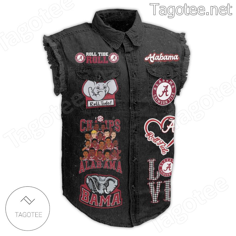 Alabama Crimson Tide Love Us Fear Us You Will Hear Us Sleeveless Denim Jacket a