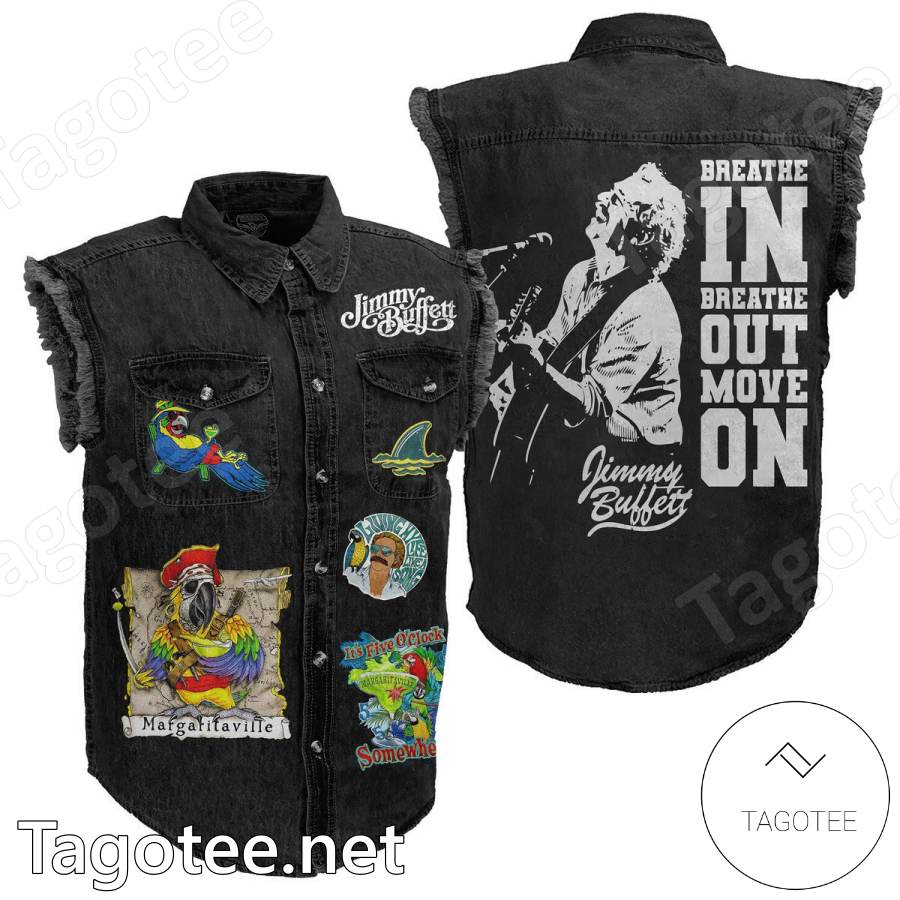 Jimmy Buffett Breathe In Breathe Out Move On Sleeveless Denim Jacket