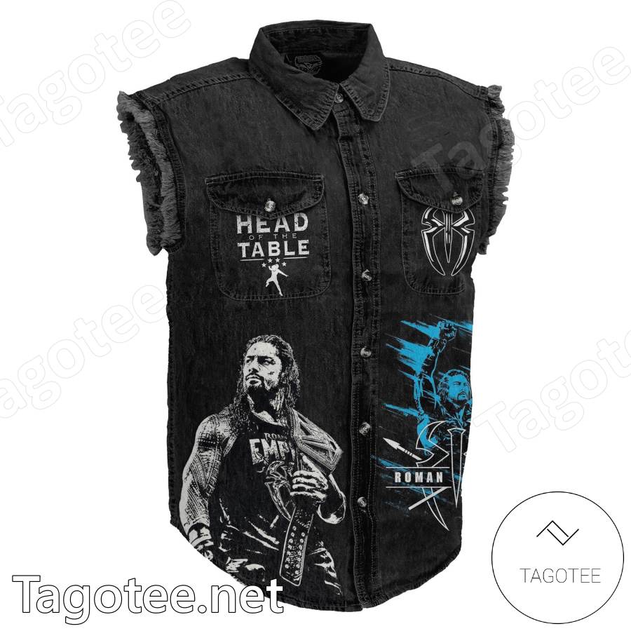 Roman Reigns Smash Em Stack Em Pin Em Sleeveless Denim Jacket a