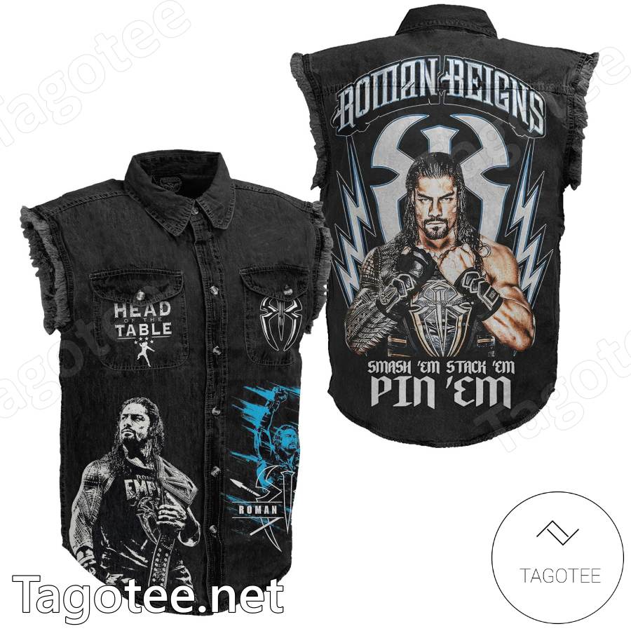 Roman Reigns Smash Em Stack Em Pin Em Sleeveless Denim Jacket