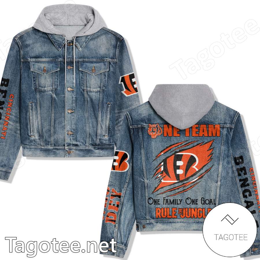 Cincinnati Bengals One Team One Family One Goal Rule The Jungle Hooded Denim Jacket